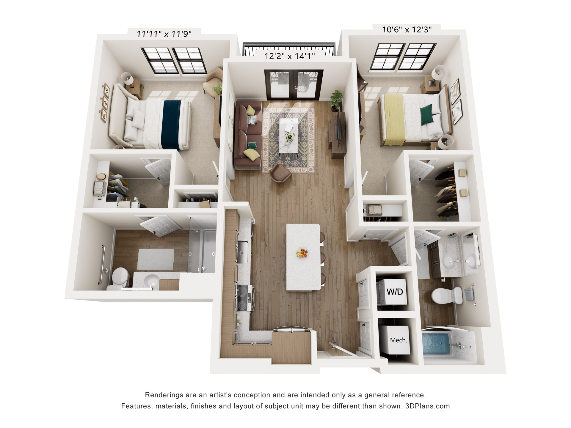 Floor plan for 2 beds, 2 baths, 1030 sqft